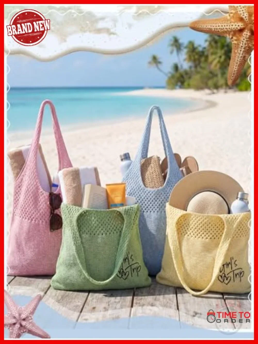 4 Embroidered Beach Mesh Tote Bags Set - Girls Trip Weekend Travel Totes